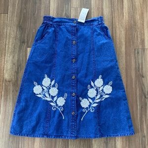 Vintage Denim Midi Skirt with Floral Appliqué